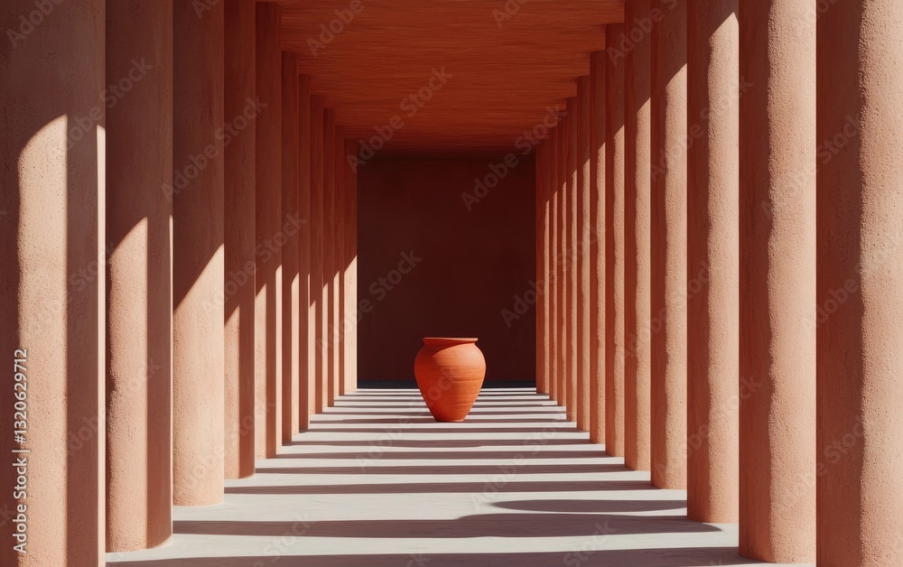 Fototapeta premium Terracotta amphora in a sunlit corridor with textured coral columns. Minimalist architectural design with warm tones and long shadows