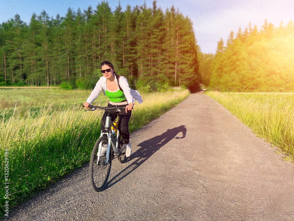 Fototapeta premium Female cyclist on outdoor adventure in green fields