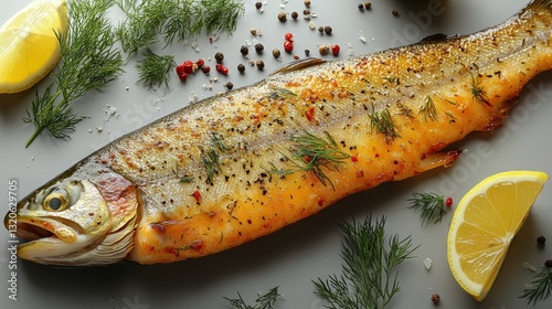 Whole roasted fish with herbs, lemon, and spices on a grey surface