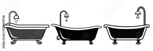 Minimalist Bathtub Icon – Classic Clawfoot Tub with Showerhead Vector Illustration