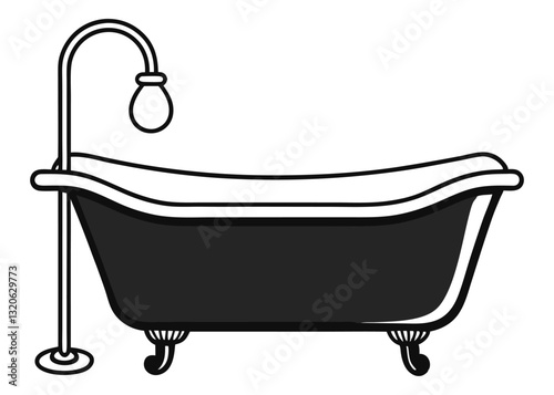 Minimalist Bathtub Icon – Classic Clawfoot Tub with Showerhead Vector Illustration