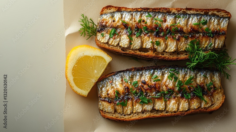 Grilled sardine toast with fresh herbs and lemon Grilled sardine toast with fresh herbs and lemon