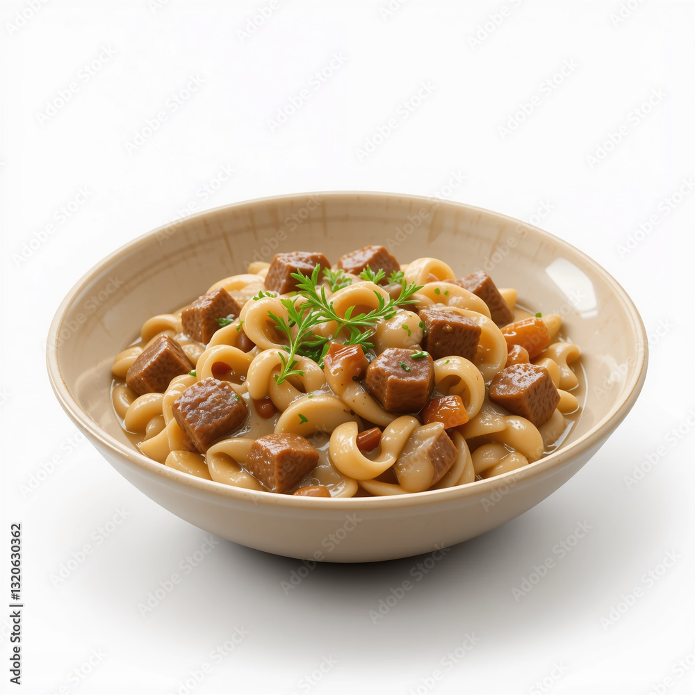 bowl of hearty beef stroganoff with pasta and herbs in beige dish bowl of hearty beef stroganoff with pasta and herbs in beige dish