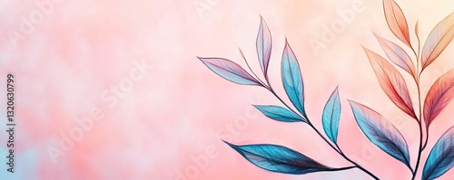 Pastel color illustration abstract background concept. Vibrant leaves in shades of blue and pink against a soft, pastel background.