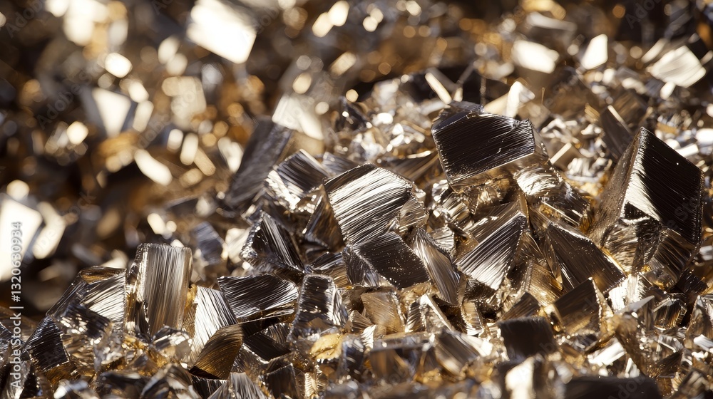 Detailed view of coiled metal shavings in various shapes and textures, scattered in a random pile, reflecting soft metallic hues Detailed view of coiled metal shavings in various shapes and textures, scattered in a random pile, reflecting soft metallic hues
