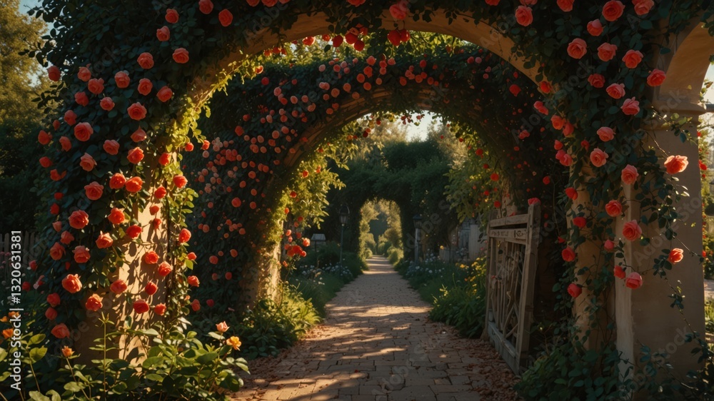 Rose-covered arches form a beautiful garden tunnel, inviting passage and showcasing floral elegance.