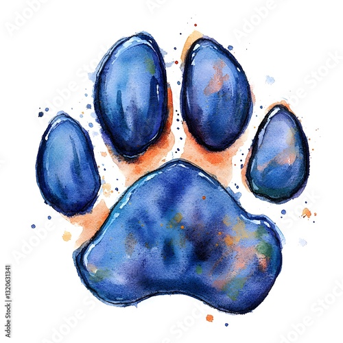 Artistic watercolor rendering of a dog paw print isolated on a bright white background for pet-themed projects