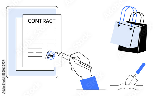 Hand signing a contract on a tablet screen, set next to shopping bags and a shovel digging ground. Ideal for business, e-commerce, legal services, real estate, online agreements, digital