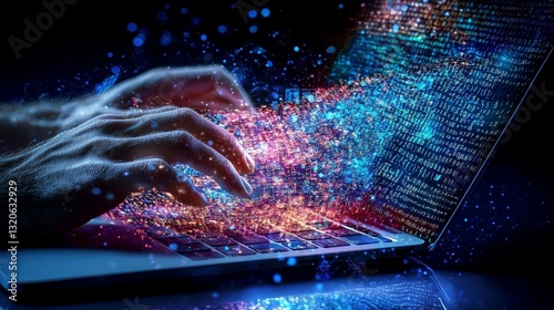 Close-up of a programmer's hands coding on a sleek laptop, holographic binary code flowing around, minimalistic cyber theme, deep blue background