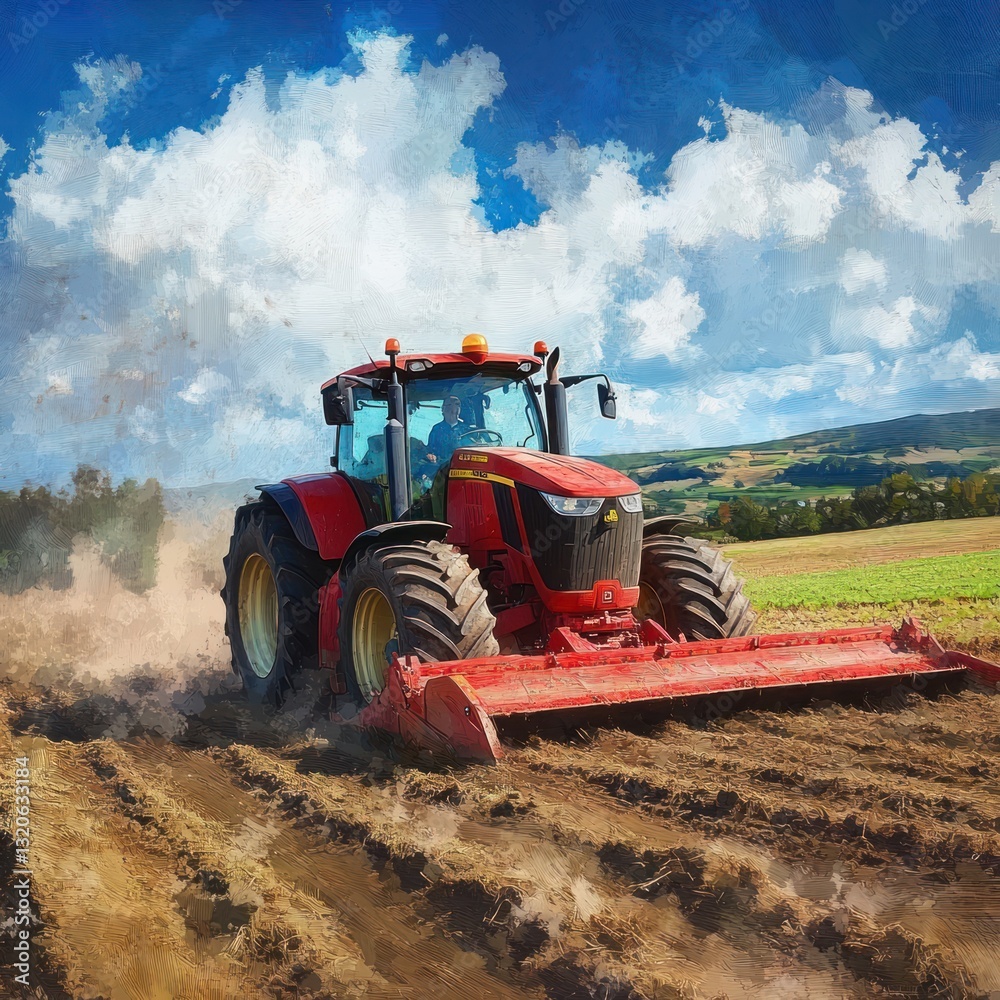 Fototapeta premium Red tractor plowing farmland