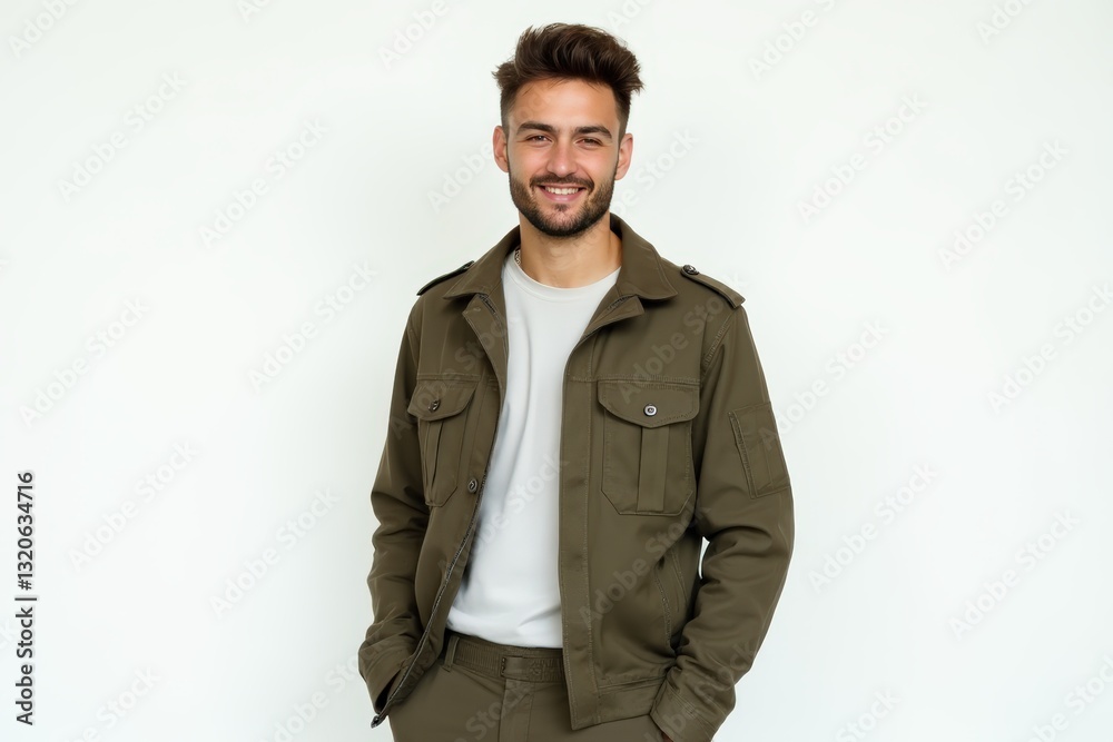 Half-Length (Waist-Up) portrait of young stylish smiling Greek male model in military wear isolated on pure white background looking at camera Half-Length (Waist-Up) portrait of young stylish smiling Greek male model in military wear isolated on pure white background looking at camera