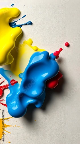 Colorful splashes of paint in primary colors on a white canvas, showcasing creative expression