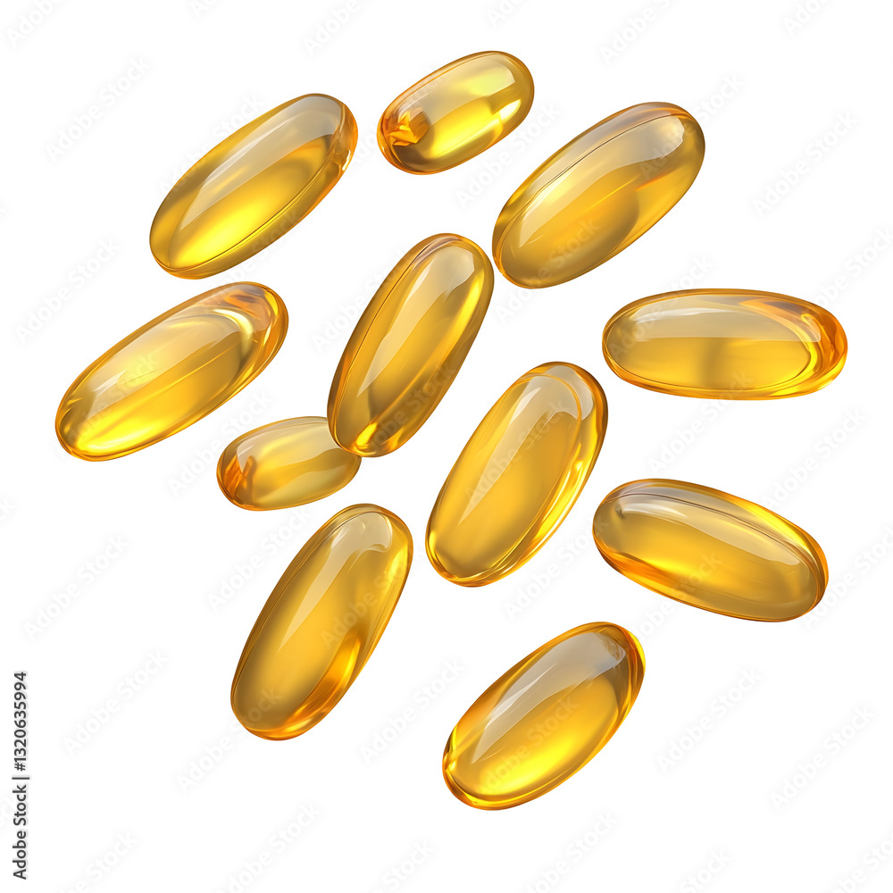 A visually striking composition of omega 3 fish oil capsules in motion softly illuminated with subtle highlights and reflections elegantly falling against a transparent background A visually striking composition of omega 3 fish oil capsules in motion softly illuminated with subtle highlights and reflections elegantly falling against a transparent background