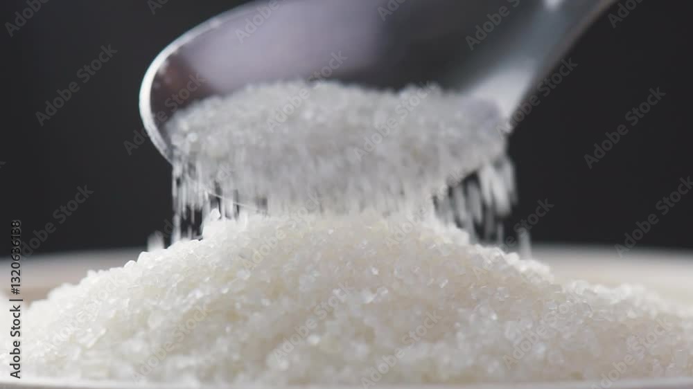 Grains of cane sugar are pouring out of a spoon