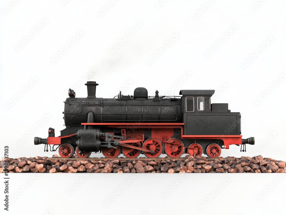 Naklejka premium Black steam locomotive with smokestack on railway tracks representing historical transportation industrial progress and the power of early rail engines