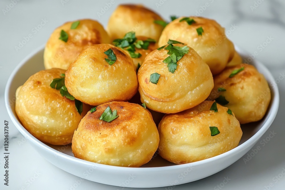 Delicious Golden Brown Cheese Puff Balls Served on a Plate with Fresh Green Herbs Garnish Delicious Golden Brown Cheese Puff Balls Served on a Plate with Fresh Green Herbs Garnish