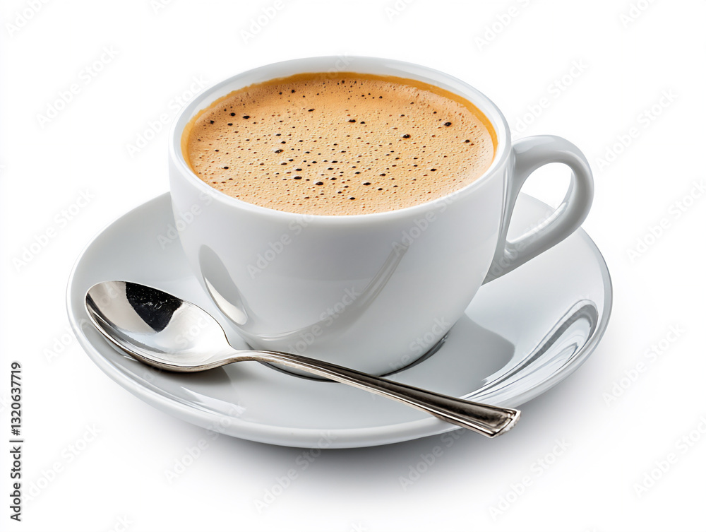 a cup of coffee with milk, a spoon on the saucer,