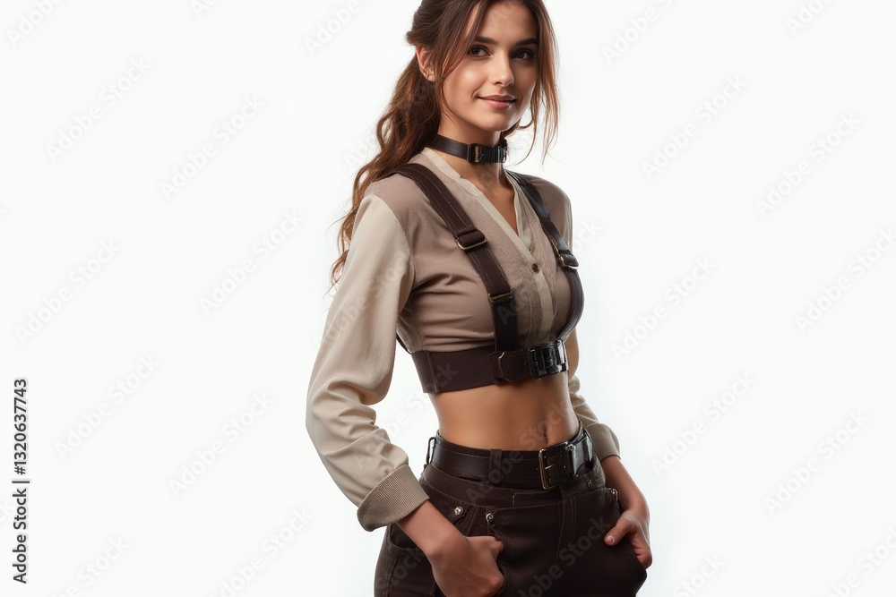 Half-Length (Waist-Up) portrait of young stylish smiling Greek female model in steampunk wear isolated on pure white background looking at camera Half-Length (Waist-Up) portrait of young stylish smiling Greek female model in steampunk wear isolated on pure white background looking at camera