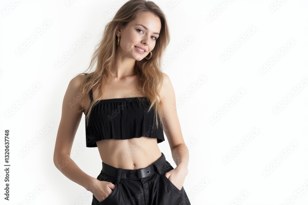 Half-Length (Waist-Up) portrait of young stylish smiling Greek female model in cyberpunk wear isolated on pure white background looking at camera Half-Length (Waist-Up) portrait of young stylish smiling Greek female model in cyberpunk wear isolated on pure white background looking at camera