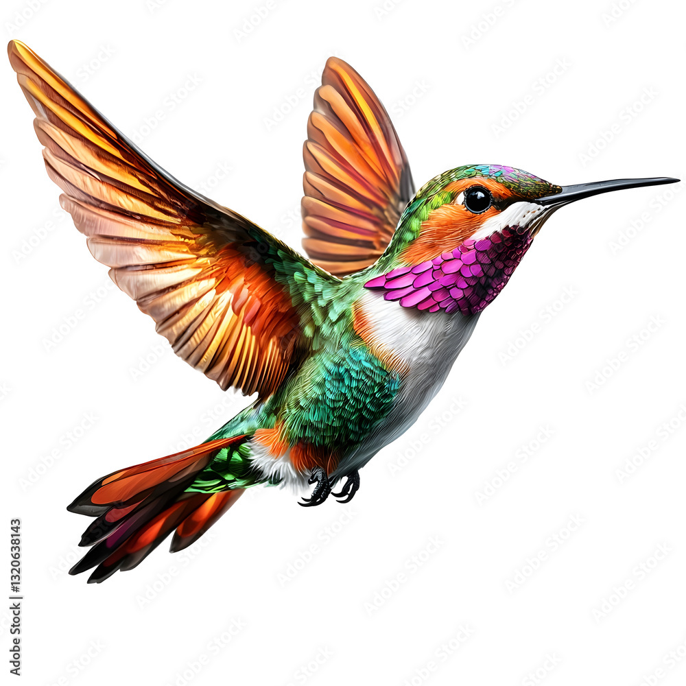 Fototapeta premium Graceful hummingbird captured in mid flight its vibrant and shimmering feathers reflecting shades of green orange and blue against a transparent background