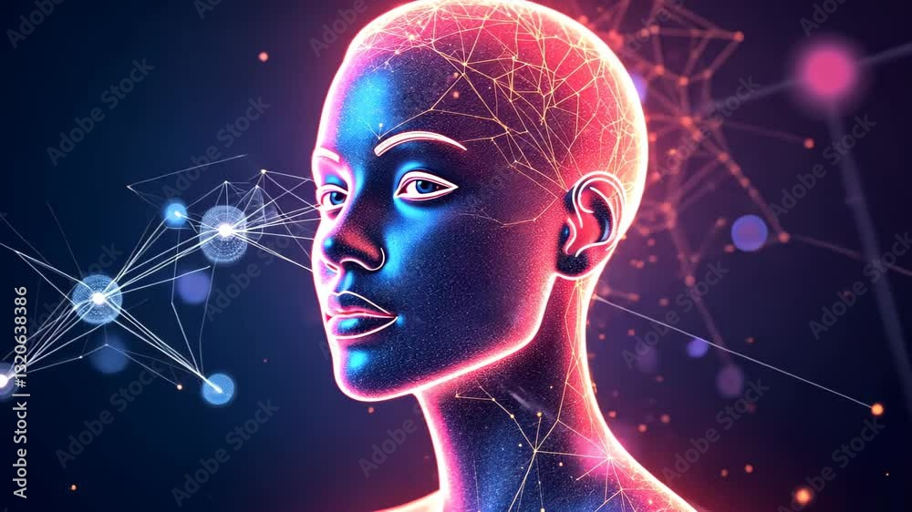 Futuristic glowing ai head connected with data network, futuristic interface of human mind, concept of technology, science