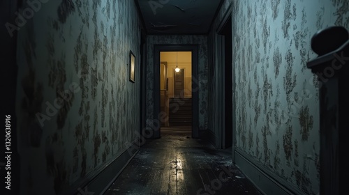 Wallpaper Mural A dark hallway in an old house, with peeling wallpaper and a faint flicker of light from a distant room Torontodigital.ca