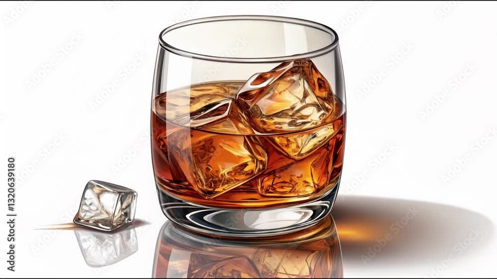 Elegant Glass of Whiskey with Ice Cubes on Reflective Surface Showcasing Rich Amber Color and Refreshing Touch to Classic Alcohol Beverage with Glistening Ice Cube Reflection