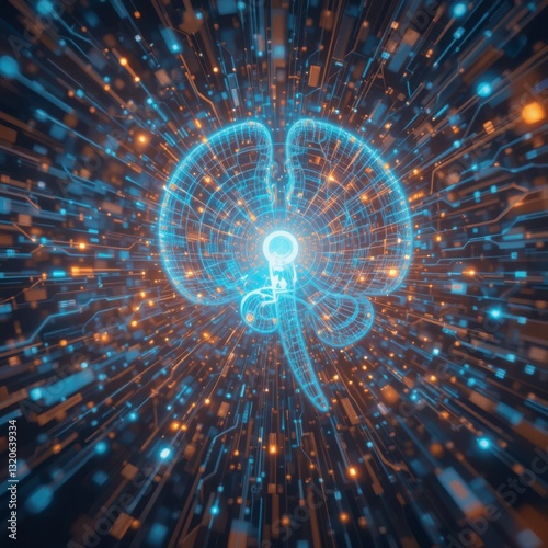 A digital representation of a human lung, composed of glowing, translucent lines and grids, is centered in the image.