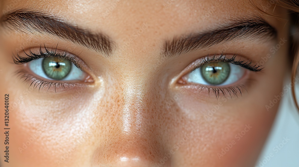 Obraz premium Close-up stunning green eyes of woman highlighting health & long lashes with natural makeup.