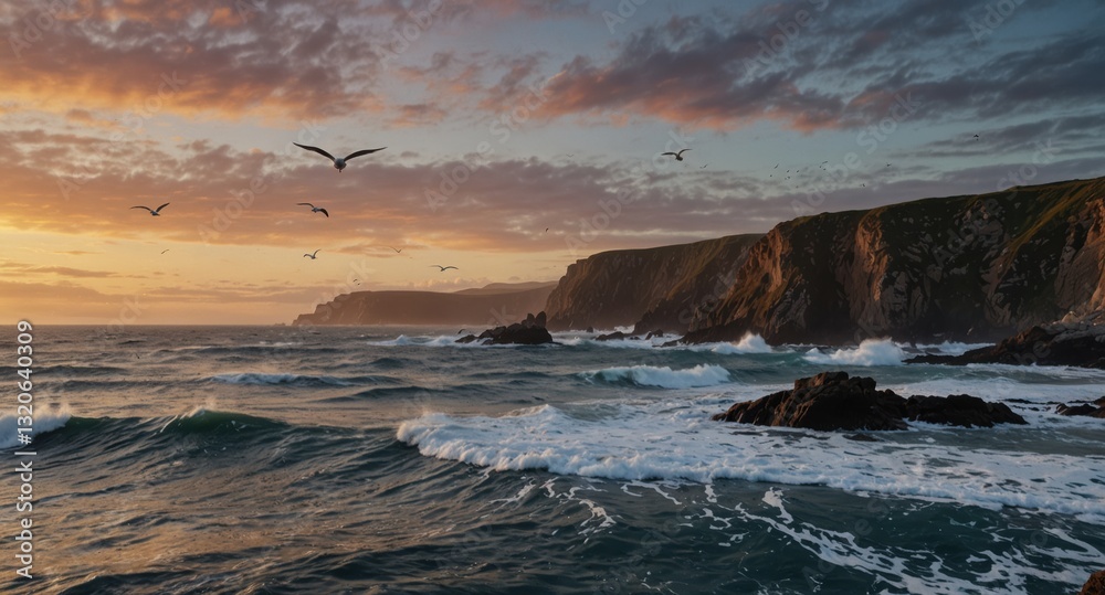 Obraz premium Coastal cliffs bathed in golden sunlight, waves crashing against rocks, birds soaring in the sky.