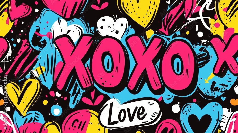 Fototapeta premium Bold pop art-style seamless pattern with comic-style XOXO and Love lettering, bright colors, dynamic repeat design for apparel