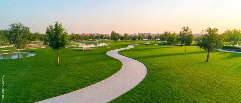 Naklejka premium Winding Path Through Park at Dawn