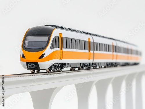 Modern high speed train with sleek yellow and black design crossing elevated railway bridge representing futuristic transportation and rapid urban transit