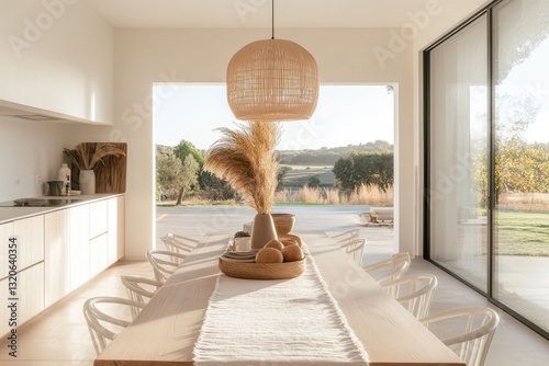 sunlit scandinavian dining room with long wooden table white wishbone chairs and large neutral-toned linen table runner