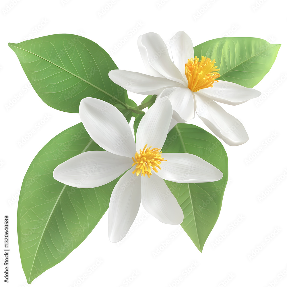 Obraz premium Beautifully Detailed Citrus Blossom with Vibrant Green Leaves and Intricate Petal Textures Perfectly Isolated on Transparent Background