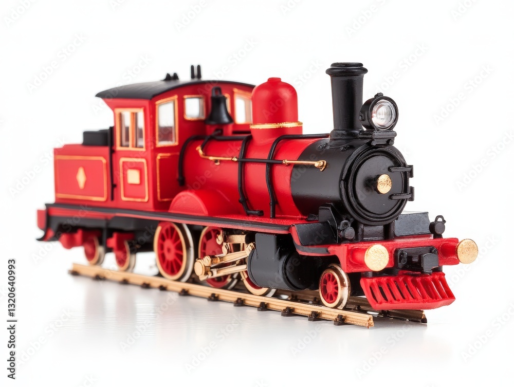 Fototapeta premium Vintage red steam locomotive model on railway track with intricate details and classic design representing historical transportation and nostalgic railway journeys