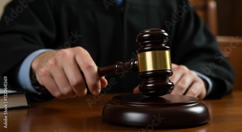 Male judge striking gavel in courtroom close-up