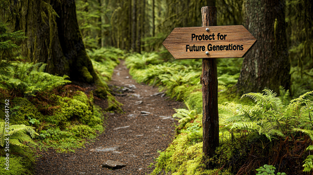 A serene forest path with a sign urging to protect nature for future generations, surrounded by lush greenery. A serene forest path with a sign urging to protect nature for future generations, surrounded by lush greenery.