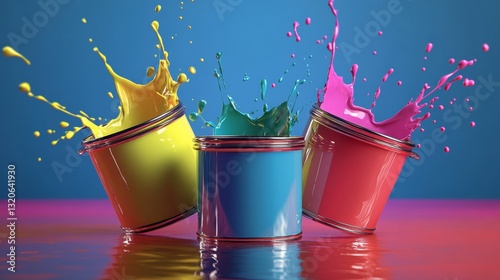 Paint colorful cans splashes of paint isolated on a dark blue background.