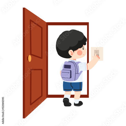 Kid leaves the room and turns off the light