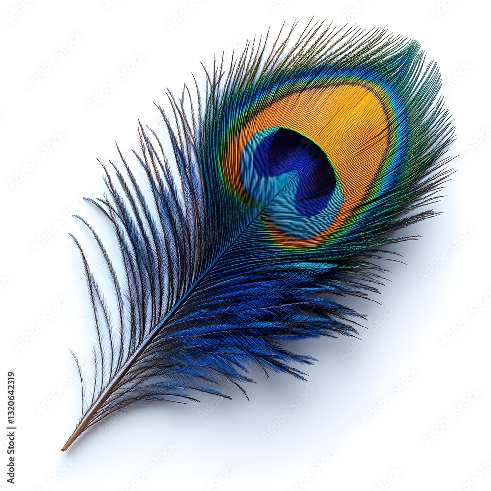 Obraz premium A single peacock feather displayed against a white background. 