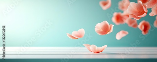 Pastel color illustration abstract background concept. Pink petals gently fall against a serene aqua backdrop, creating a calming atmosphere.