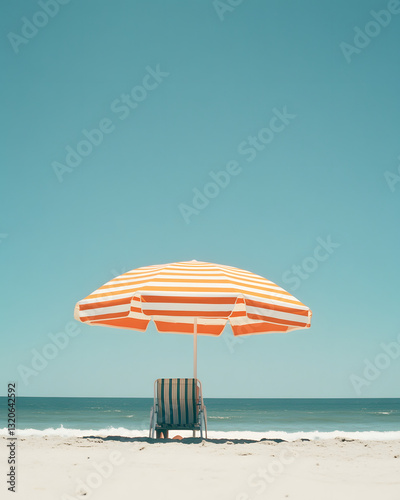 Beach umbrella with orange and white stripes and a chair with blue and white stripes on an empty beach with clear light blue sky and sea in the background. Summer vacation concept.