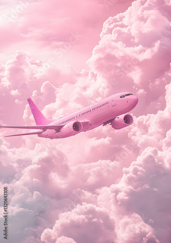 Pink airplane flying in the sky among pastel pink clouds. Travel experience concept.