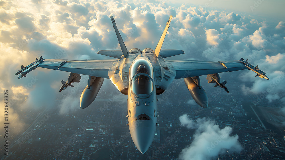 Naklejka premium Fighter Jet Flying Above Cloudscape at Dawn Showcasing Aircraft Power
