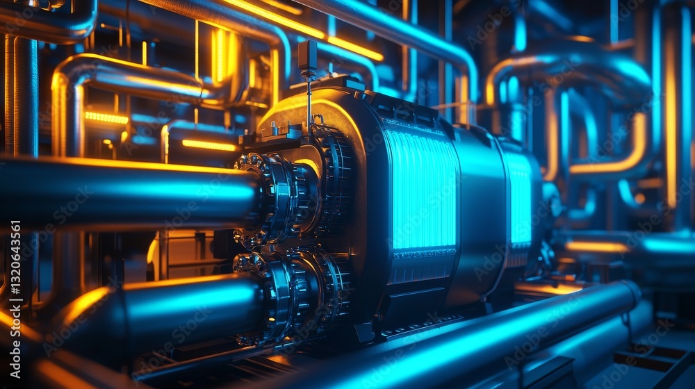 Obraz premium A close-up of a modern boiler with a sleek metallic finish, surrounded by glowing neon blue pipelines, showcasing industrial heating technology, futuristic, 3D rendering