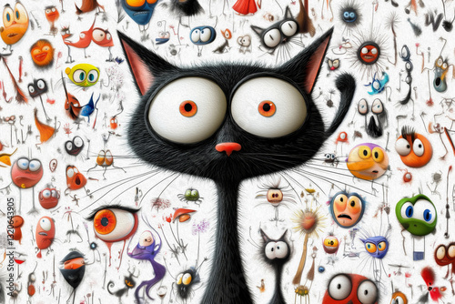 A digitally illustrated black cat with oversized, expressive eyes stands against a surreal background filled with floating cartoon-like faces, creating a whimsical and humorous scene.