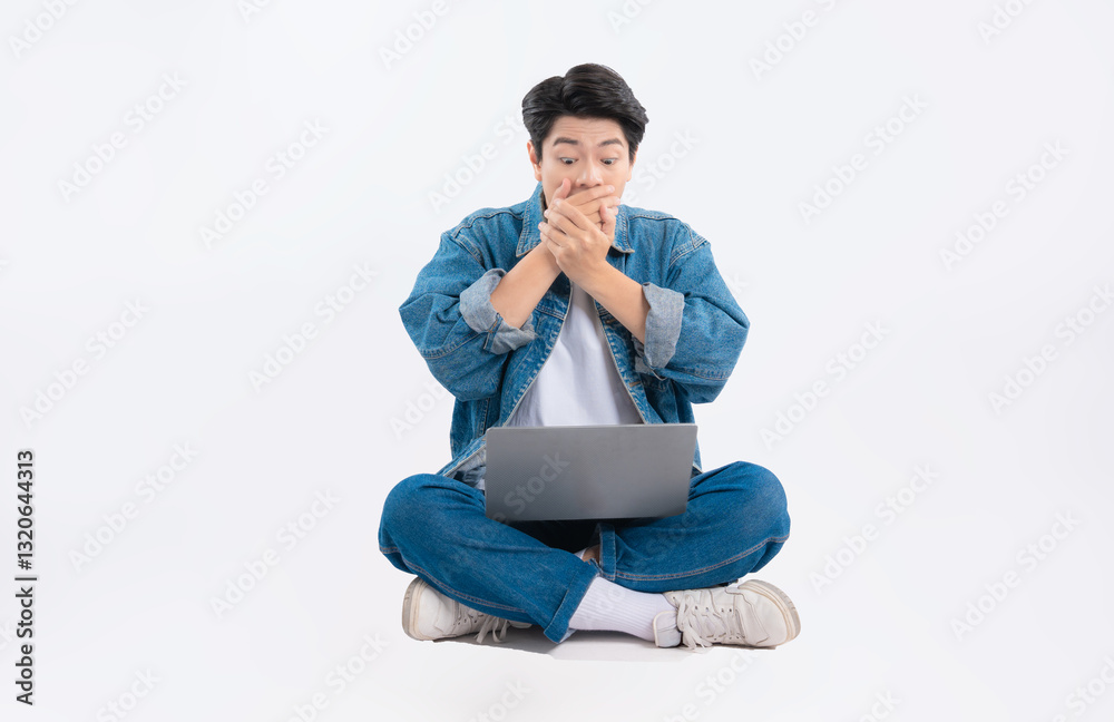 Full body image of Asian guy using laptop on white background Full body image of Asian guy using laptop on white background