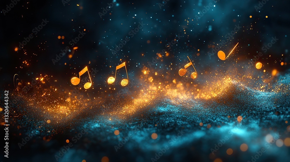 Naklejka premium Dark background, flowing turquoise music notes create a captivating visual of musical rhythm, harmony, melody, and sound.