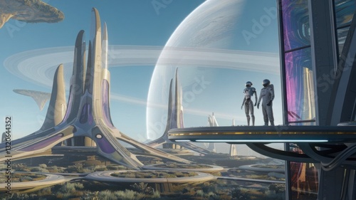 A futuristic city on a planet with rings, featuring two humanoid figures in spacesuits.